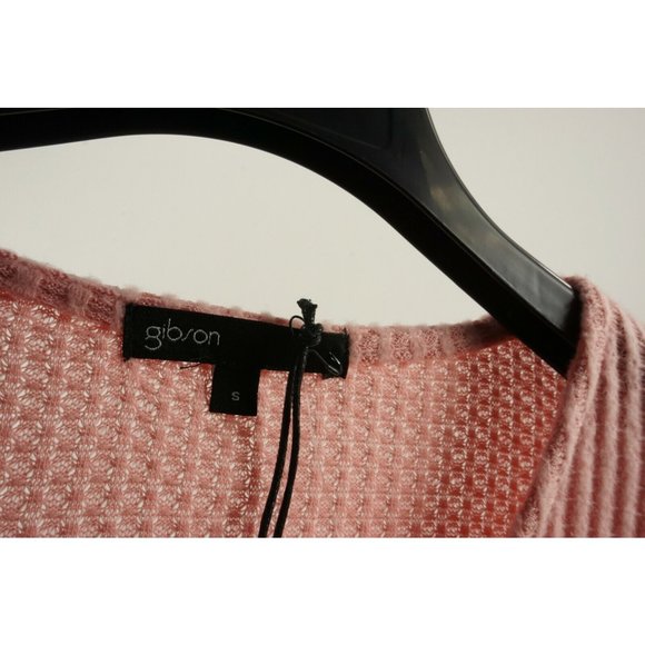 New Gibson Women's Small Pink Brushed Waffle Drape Faux Wrap Surplice V-Neck Top - Picture 6 of 10